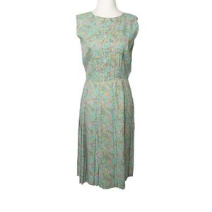 Vintage 60s turquoise blue and pink paisley print pleat front midi dress S